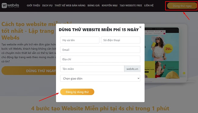 Tự tạo website dùng thử tại Web4s